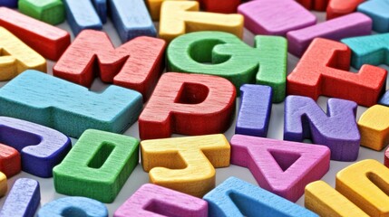 Fototapeta premium Colorful wooden letters scattered on a surface.