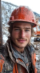 Fototapeta premium Portrait of a Construction Worker in Winter Landscape
