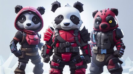 illustraction of techwear chibi panda ninjas robot mecha future JAPANESE VIBE detailed design for streetwaer and urban style t-shirts design