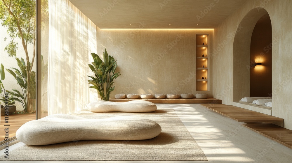 Poster A tranquil spa interior showcases a minimalistic design with soft, earthy tones. Cushioned seating and greenery create a calming atmosphere, inviting relaxation and wellness.