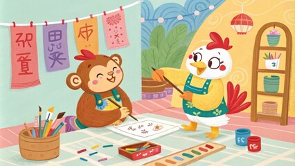 Obraz premium Artistic Expressions In a colorful art studio a crafty monkey and a wise hen are collaboratively painting traditional scrolls. Their laughter fills the air as they mix colors and