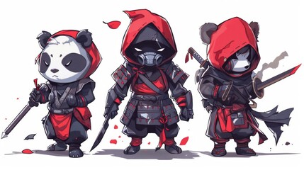 illustraction of techwear chibi panda ninjas robot mecha future JAPANESE VIBE detailed design for streetwaer and urban style t-shirts design