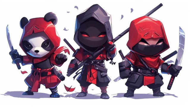 illustraction of techwear chibi panda ninjas robot mecha future JAPANESE VIBE detailed design for streetwaer and urban style t-shirts design