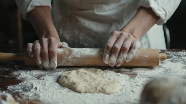 hands rolling out the dough with a wooden rolling pin, flour sprinkled on the surface, antique kitchen decoration generative ai - Powered by Adobe