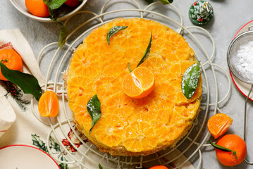 Tangerine upside-down cake.selective focus