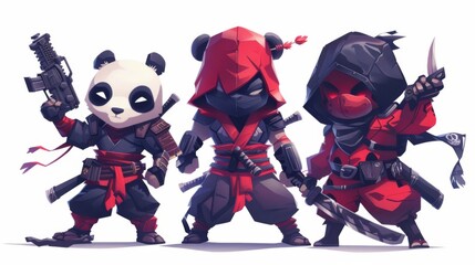 illustraction of techwear chibi panda ninjas robot mecha future JAPANESE VIBE detailed design for streetwaer and urban style t-shirts design