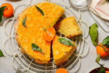 Tangerine upside-down cake.selective focus