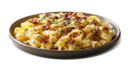 A delicious serving of pasta topped with crispy bacon bits and fresh herbs. The noodles are perfectly coated in a rich sauce, presenting an appetizing and inviting meal option.