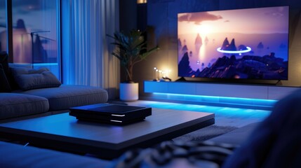 Modern living room with large TV screen displaying a fantasy landscape, ambient blue lighting, and a game console on a coffee table.