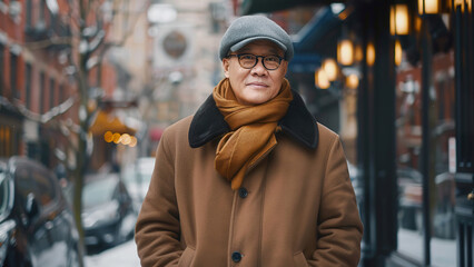 Fototapeta premium Mature Asian male in winter coat and scarf strolling through urban street snow scene