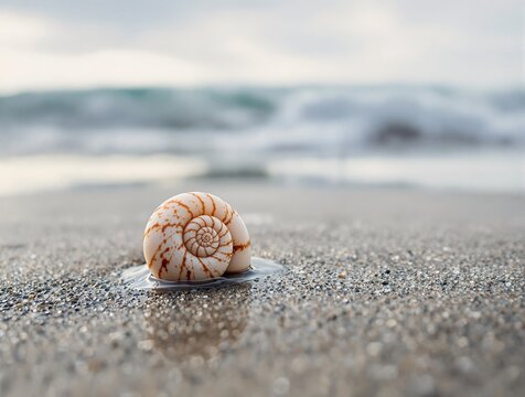 Spiral seashell on sandy beach