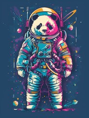 T-shirt design with panda bear astronaut in an astronaut costume. Colorful print design of bear astronaut in cartoon style on dark background. AI generated illustration