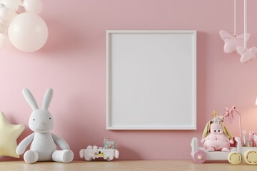 Square frame mockup on the wall in a girl's room, showcasing nursery and kids room decor ideas in 3D