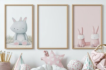Three vertical frames displayed on the wall in a girl's room, ideal for showcasing nursery and kids room art