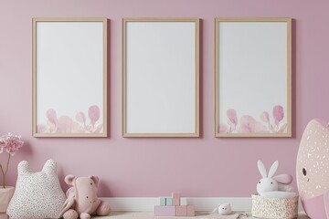 Three vertical frames displayed on the wall in a girl's room, ideal for showcasing nursery and kids room art
