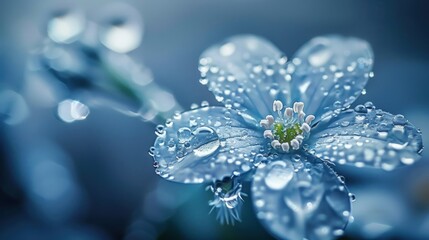 A close-up of a blue flower adorned with water droplets, showcasing nature's beauty.