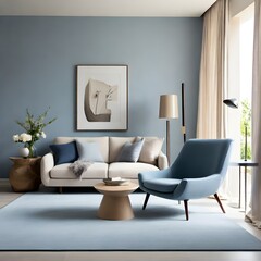 minimalist modern living room design, blue armchair by window, stylish interior, neutral colors, contemporary decor, spacious, clean lines, soft natural light