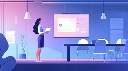 Businesswoman reviewing presentation in modern office.