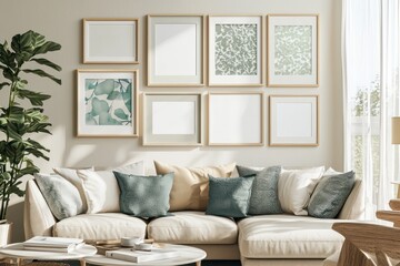 Stylish gallery wall mockup set in a cozy living room interior, showcasing frames and decor ideas in 3D