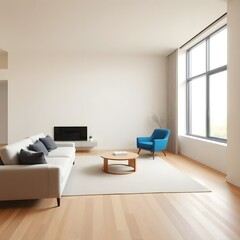 Fototapeta premium minimalist modern living room design, blue armchair by window, stylish interior, neutral colors, contemporary decor, spacious, clean lines, soft natural light