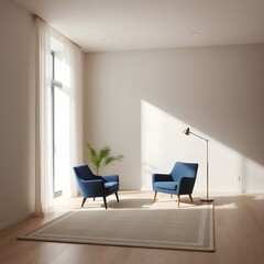Fototapeta premium minimalist modern living room design, blue armchair by window, stylish interior, neutral colors, contemporary decor, spacious, clean lines, soft natural light