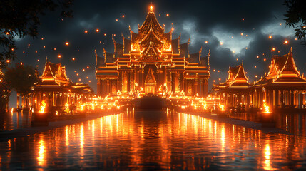 Obraz premium Golden Temple Night Reflection Illuminated Asian Architecture