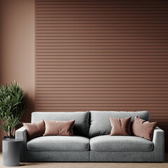 Modern living room with sofa. Lounge in color of the year 2025 - mocha mousse wall and accent pillows. Trend interior design and furniture details. 3d render