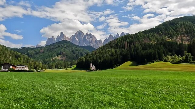 St. Magdalena church with odle mountains and green meadow in dolomites, italy