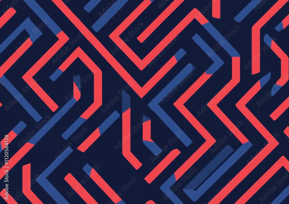 Poster a modern, flat design pattern with blue and red lines forming an intricate maze on a navy background