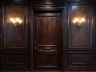 Dark wood paneled wall with ornate door and sconces.