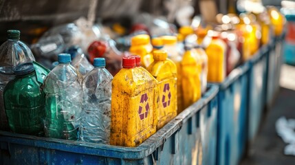 Colorful Plastic Bottles in Recycling Bins Under Natural Light at Urban Setting with Clear Background