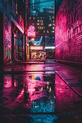 Obraz premium Vibrant Neon Signs Illuminate Urban Alley with Colorful Patterns
