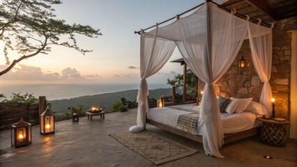 Delicate fabric cascades from the beds frame billowing softly in the breeze adding an ethereal quality to the room while warm candlelight casts a soothing glow across the tranquil