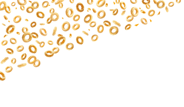 Cereal loops flying though the air, breakfast ring cereal overlay, transparent png, no background copy space