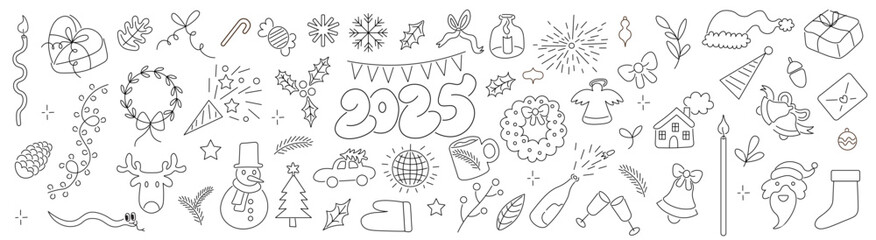Big set of Christmas and New Year linear elements in doodle style in vector. Elements for decoration design mail posts postcards poster print invitation background backdrop banner