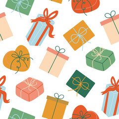 Seamless pattern with gift boxes in doodle style in vector. Element for decoration postcards poster print background backdrop wrapping wallpaper banner