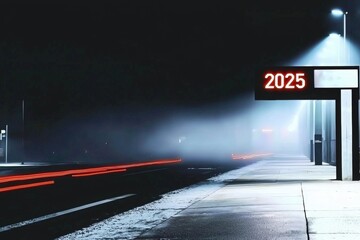 A train station at night features a prominent digital display showing the year 2025. Fog envelops the area, and red light trails hint at train movement along the tracks.