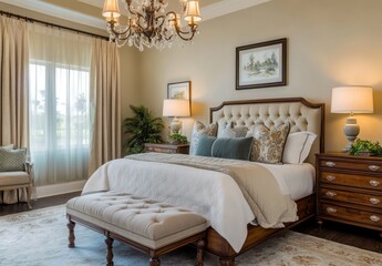 Luxurious master bedroom with beige upholstered bed, bench, and curtains, adorned with crystal chandelier, framed artwork, and tasteful accessories.