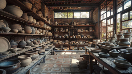 In a pottery workshop, skilled hands mold clay into beautiful bowls and vases, finishing with glazes and kiln firing for unique, artistic designs.