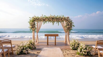 A beach wedding setup featuring floral decorations and a wooden altar by the ocean.