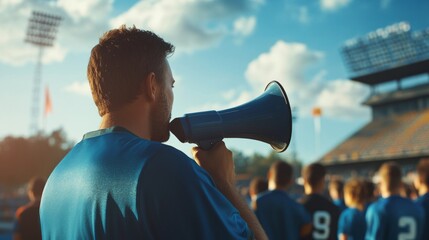 Coach holding a megaphone, shouting instructions to the team, stadium degrees in the distance generative ai