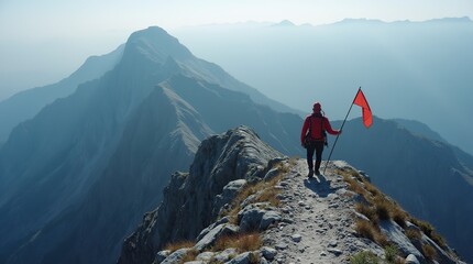 mountain climber following path to flag on top of mountain