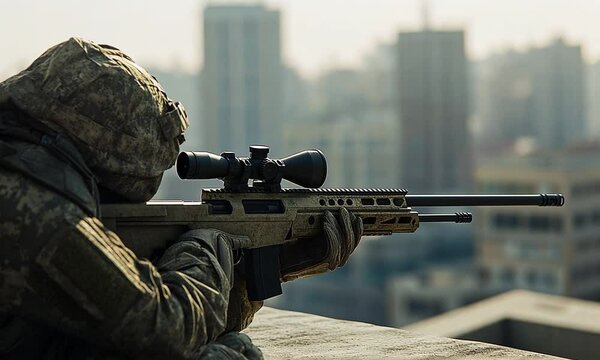 A sniper lying in dry grass with a sniper rifle is aiming at someone or something, side view. A sniper in his hideout at war or on a combat mission