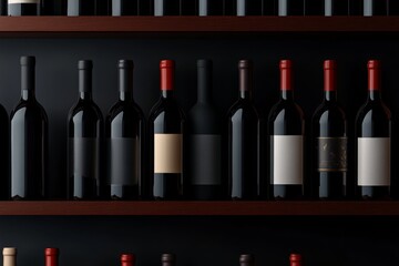 A row of wine bottles on a shelf, some of which are labeled with white labels