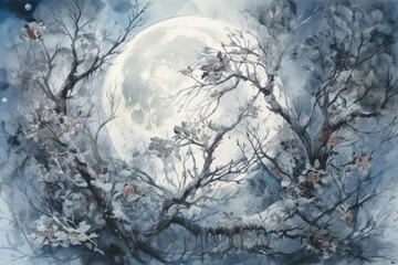 winter trees against the backdrop of the full moon  , Generative AI