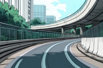 Fototapeta premium A road winds through a modern city, flanked by tall buildings and lush greenery. The sun shines brightly, casting shadows along the pavement.