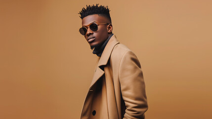 Full-length of a young African American man in stylish sunglasses and a coat, posing with his hand in his pocket against beige.