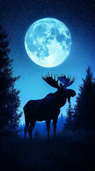 Naklejka premium Majestic moose silhouette under bright moon in serene forest