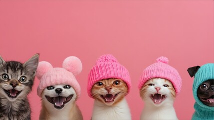 Obraz premium Smiling cats and dogs in colorful hats on pink background, expressing joy and style, concept of cute portraits
