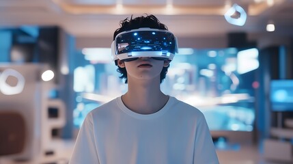 Teenager wearing VR headset, exploring virtual reality.